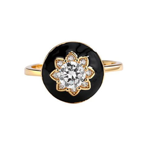 Black epoxy resin glaze flower jewelry gold plated zircon rings wholesale
